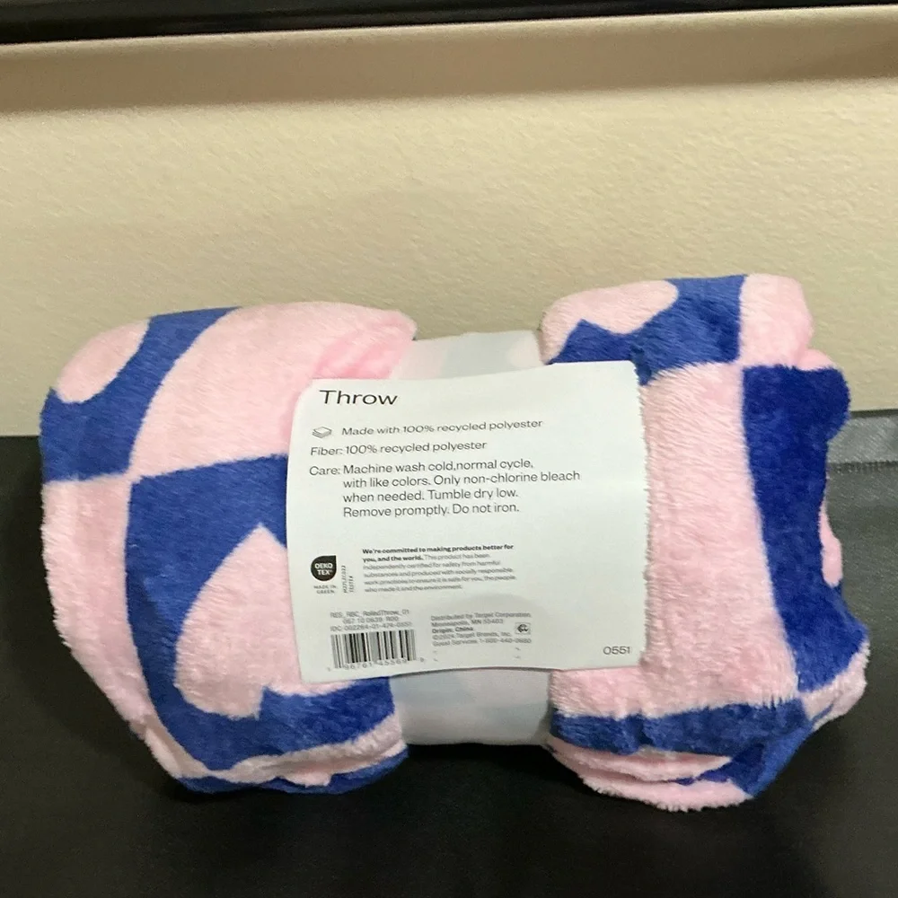 Room Essentials Purple & Pink Checkered with Pink Hearts Throw Blanket